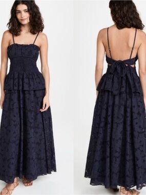 Lug Von Siga Amara  Smoked Waist Eyelet Lace Maxi Dress in navy